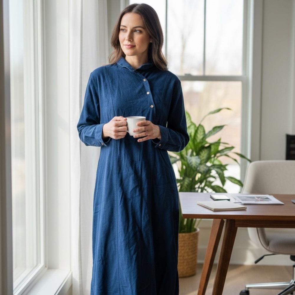 L.L. Bean Blue Vintage Long Sleeve Long Flannel Pajama Dress